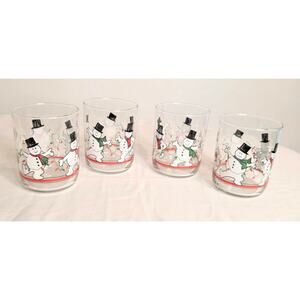 Four Holiday Libbey Glasses Dancing Christmas Snowmen Juice Lowball 12 oz.